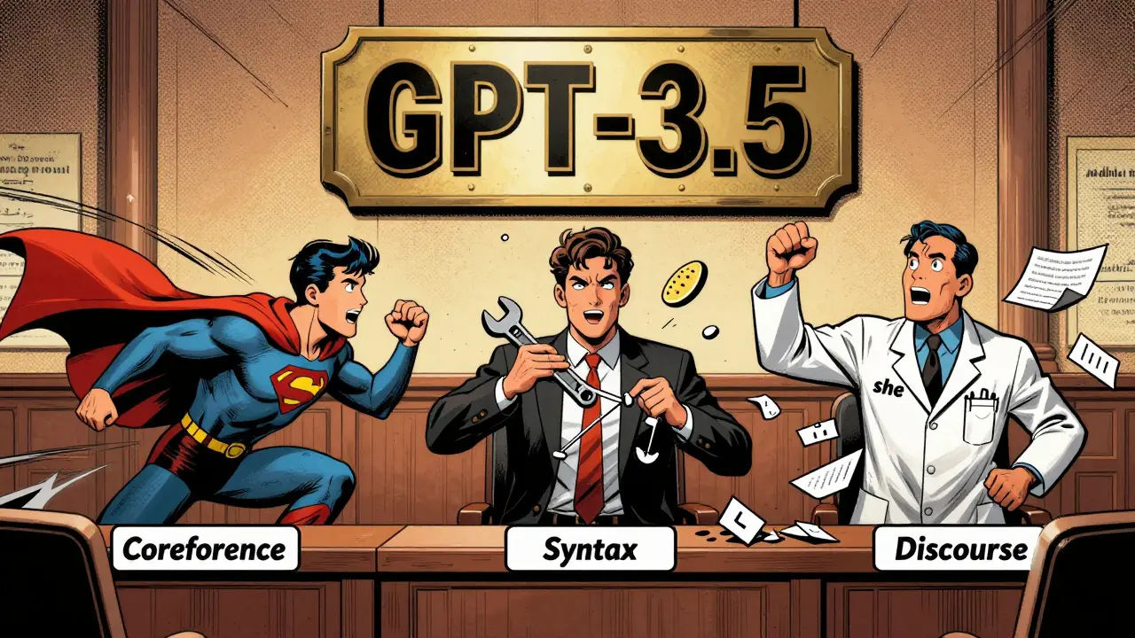 Superhero attention heads in a courtroom, catching pronouns and fixing grammar with exaggerated comic action.