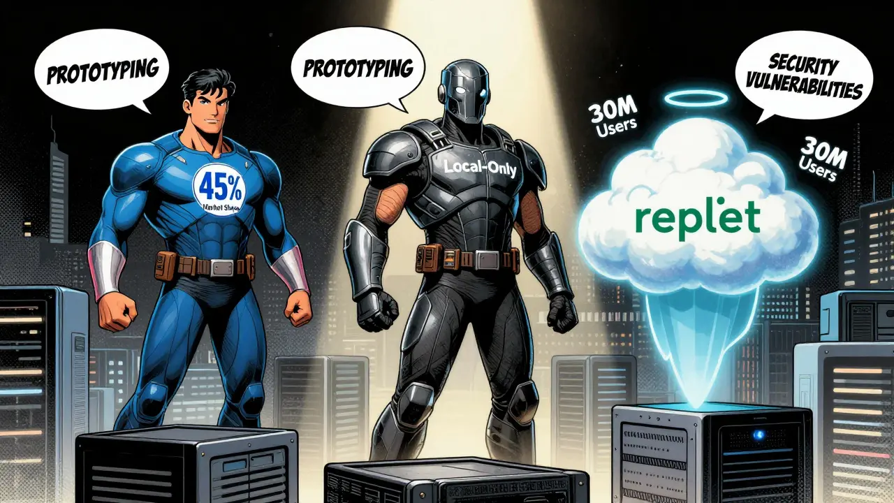 Three coding tools depicted as superheroes battling server city with market share and security labels.