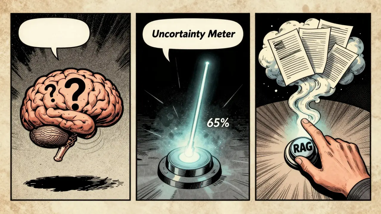 Three panels showing an uncertain AI brain, a trembling uncertainty meter, and a data retrieval system in golden age comic art.