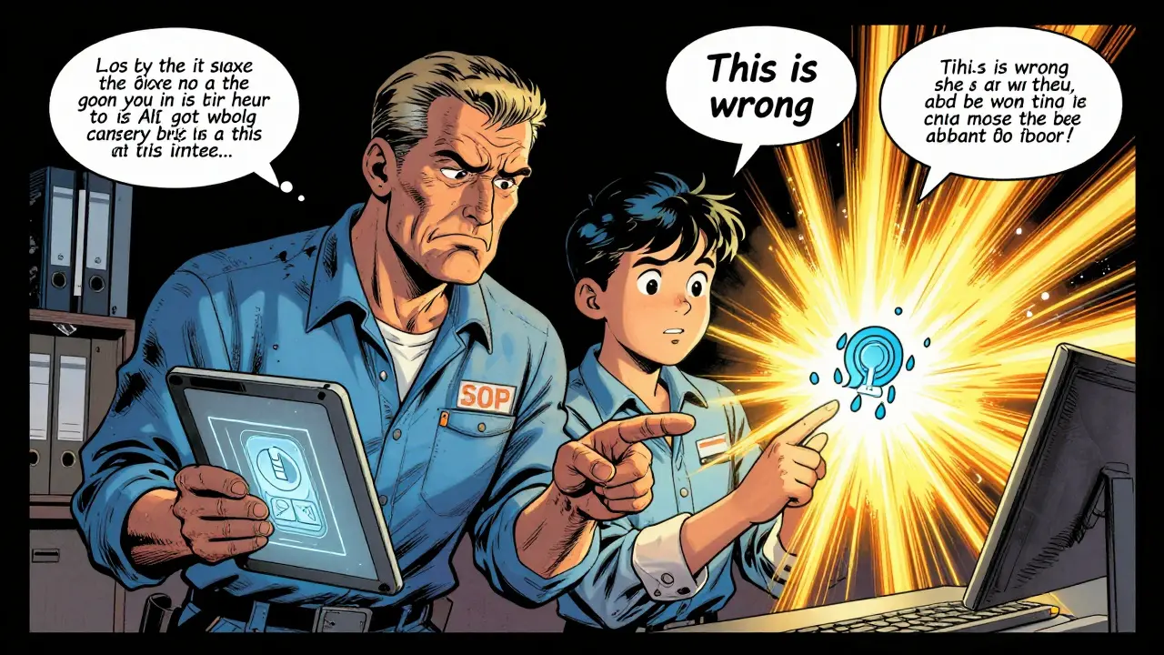 Veteran mechanic and young operator collaborate as AI learns from feedback, with outdated manuals fading and digital icons rising.