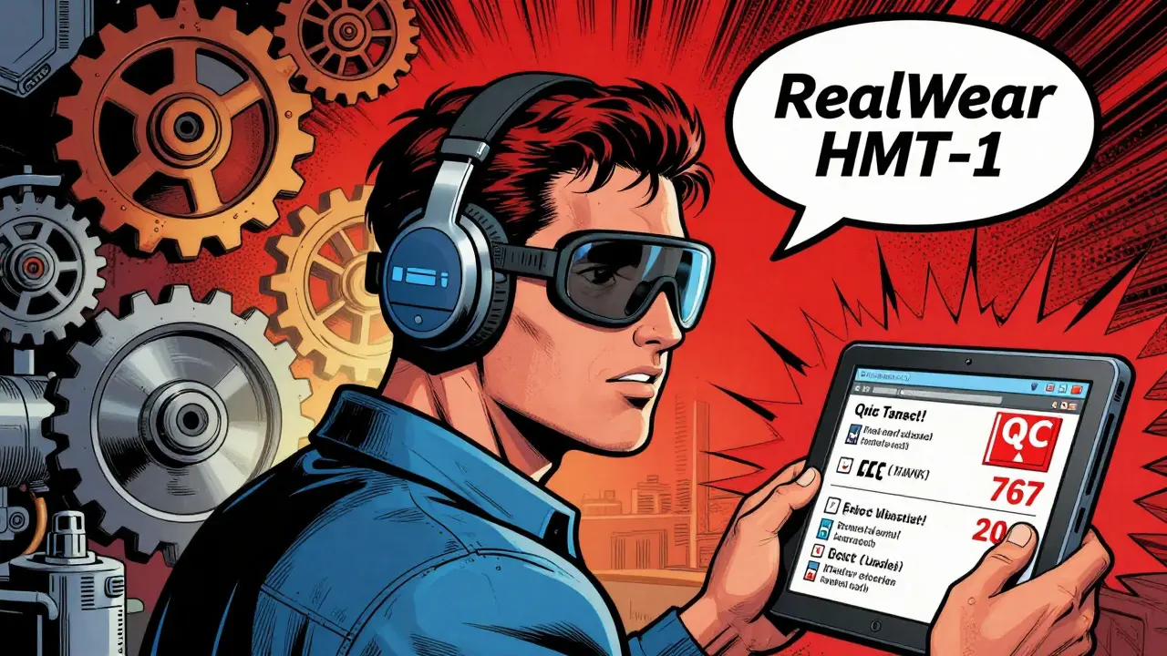 Worker in AR headset receives real-time AI voice instructions amid spinning machinery, with alerts glowing on a nearby tablet.