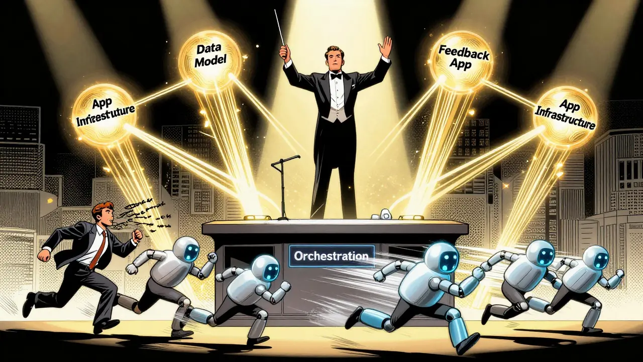 A conductor directs energy beams connecting five AI layers while engineers chase chaotic AI bots.