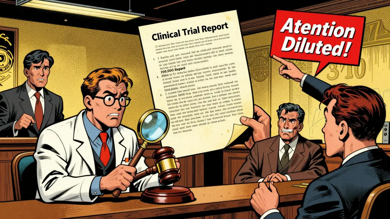 A courtroom with a judge and lawyers arguing over a massive document, in golden age comic style.