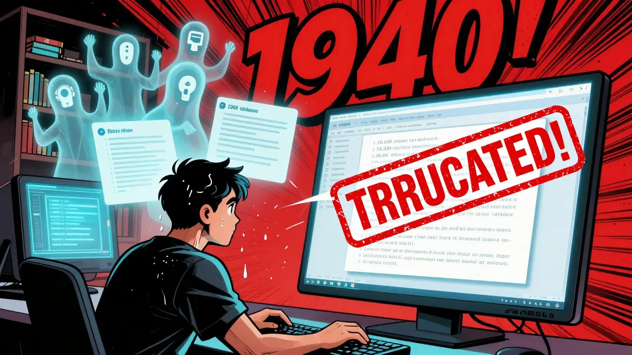 A developer facing a truncation warning while summaries rise as saviors, in golden age comic style.