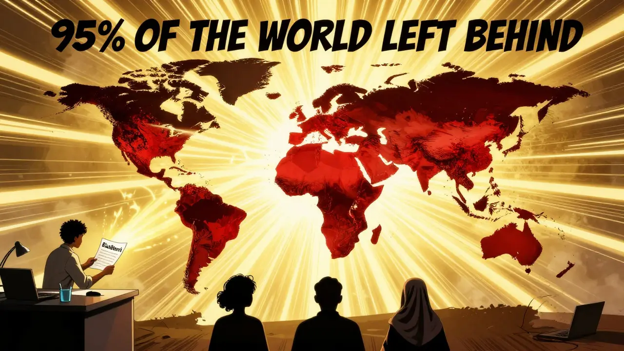 A global map shows bias detection failures in non-English regions, with light spreading from an open-source tool.