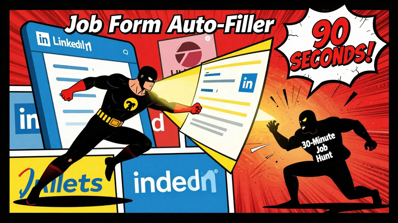 A hero Chrome extension auto-filling job applications across multiple job portals with energy beams.