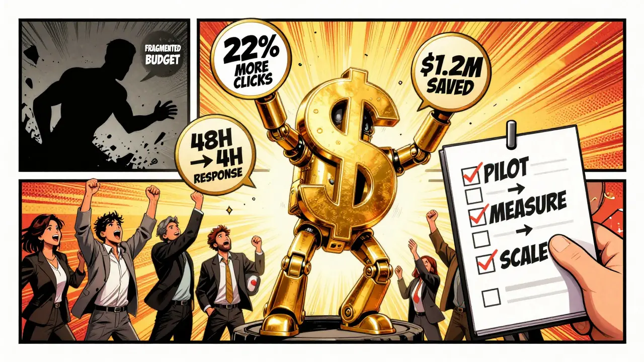 A team celebrates AI success with clear ROI icons, as fragmented budgeting crumbles into dust.