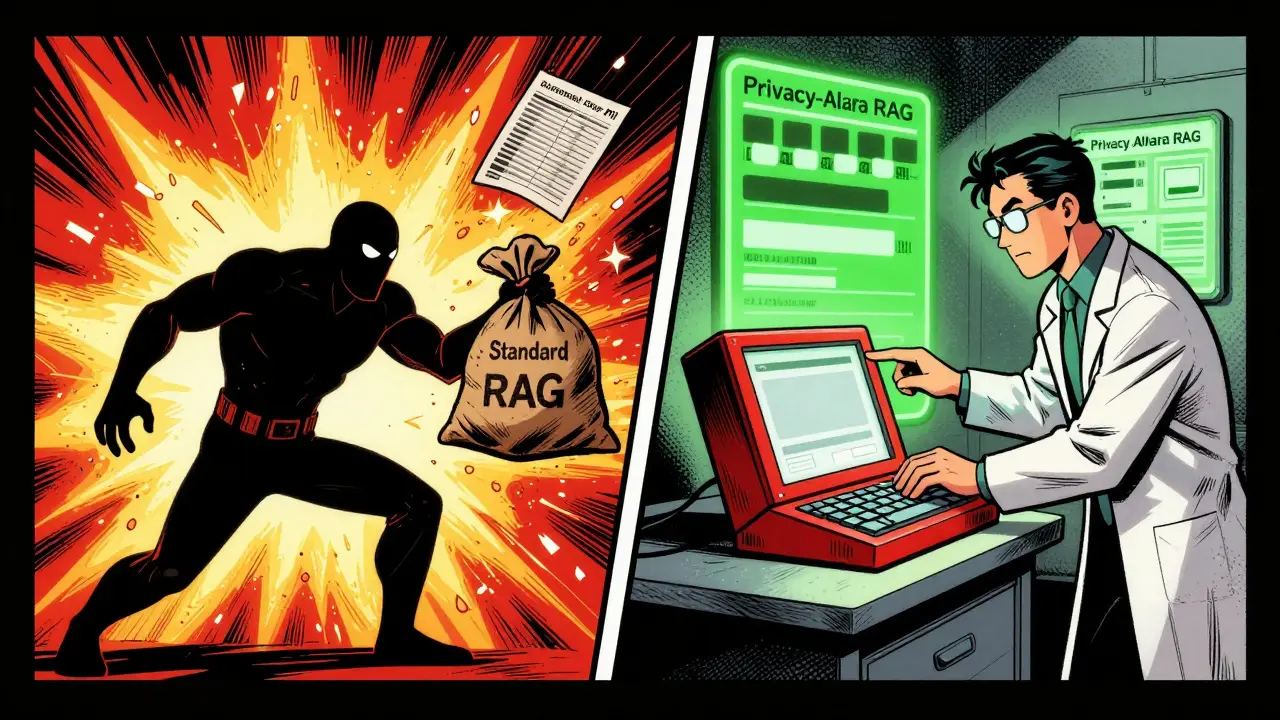 A villain releases raw data into an AI monster while a hero uses privacy tech to sanitize it in a split-panel battle.