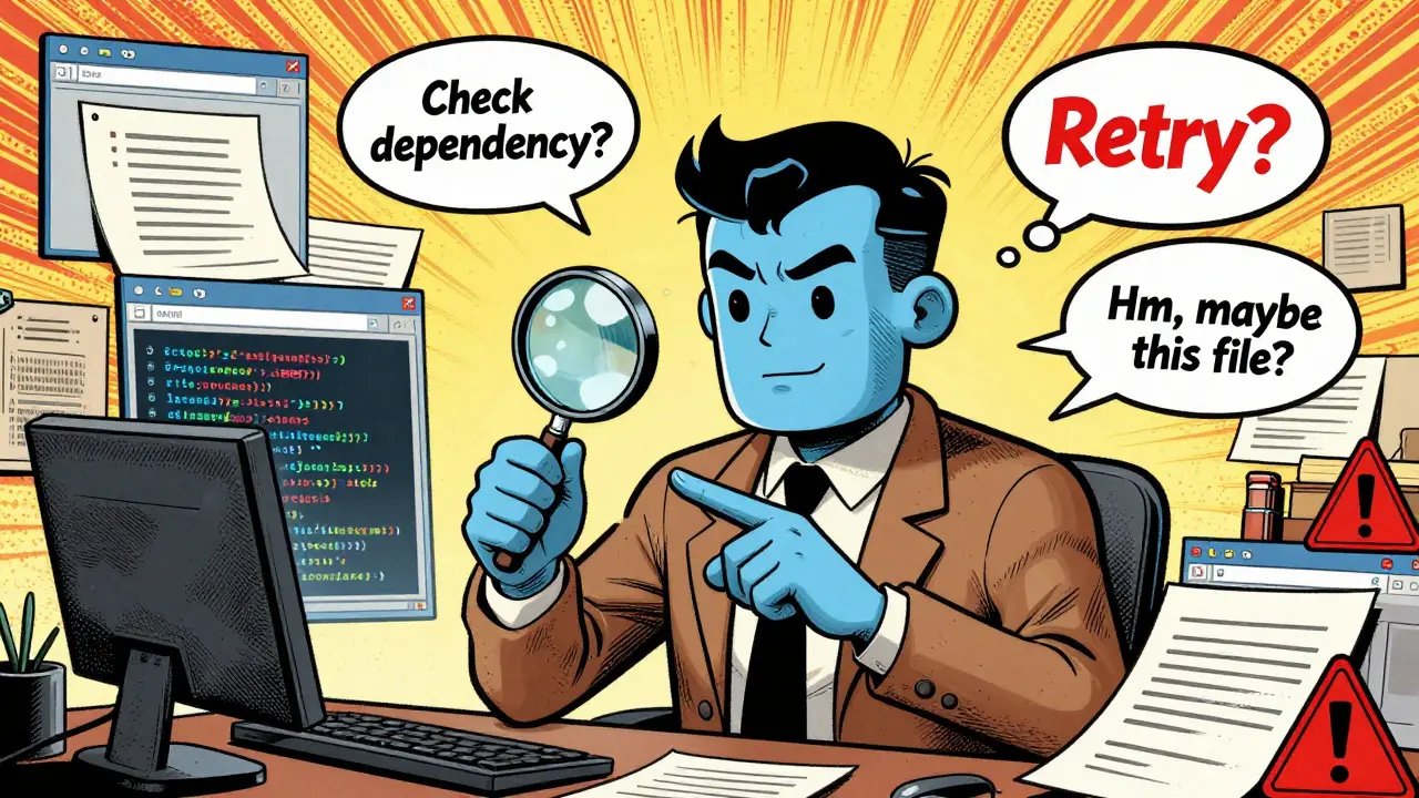 AI detective agent surrounded by floating documents and looping retry arrows in vintage comic style.