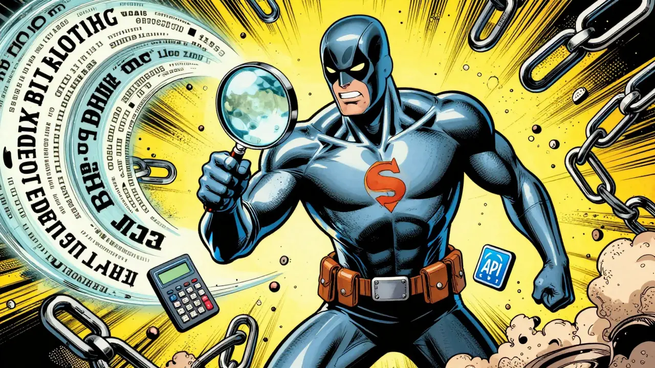 An AI superhero using a magnifying glass to fix a chaotic stream of logic, with calculator and API tools at their belt.