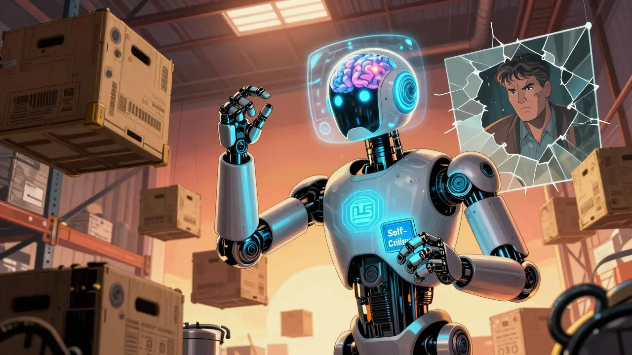 An autonomous L5 agent in a warehouse adjusting a robotic arm while holding a 'Self-Critique' badge, with a human observer behind glass.
