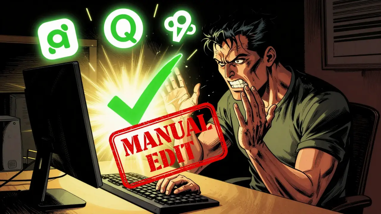 Developer resists manual code editing as automated test checkmark shines over crashing red stamp.