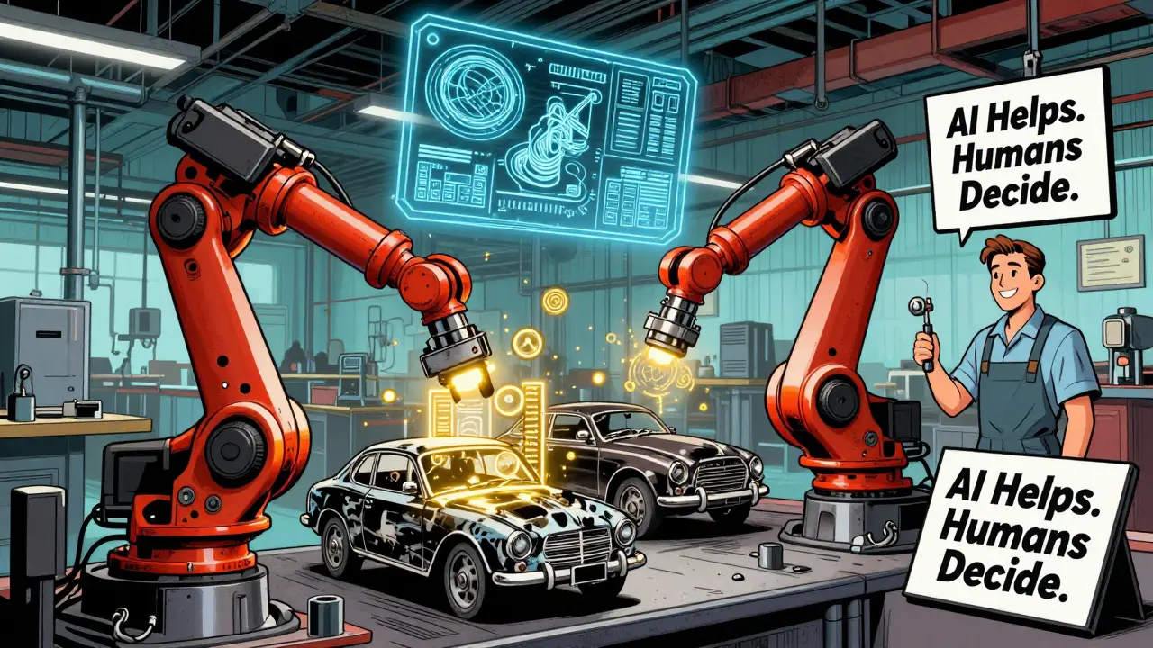 Engineer overseeing AI-designed car parts on a factory floor with glowing blueprints.