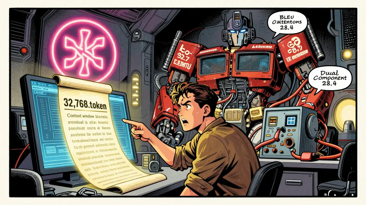 Engineers in a war room confront transformer performance data, with decoder-only models dominating on massive context windows.