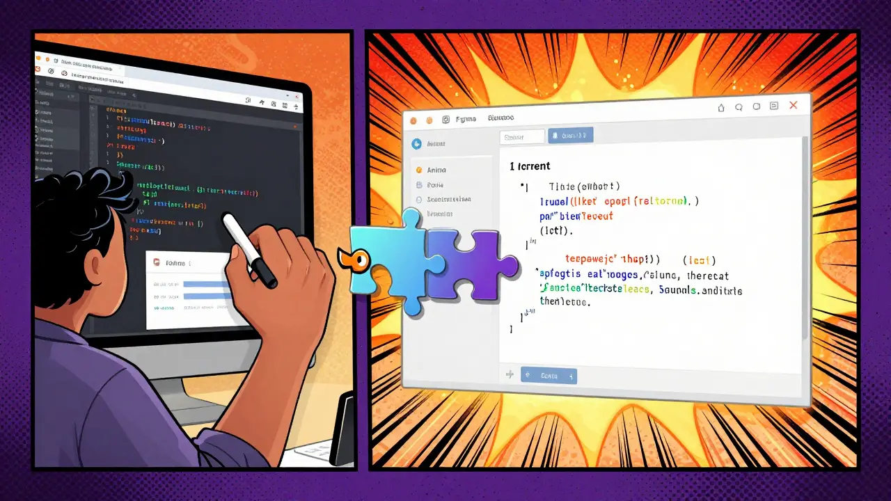 Figma design transforming into live code with animated blocks assembling into a website with gradient background.