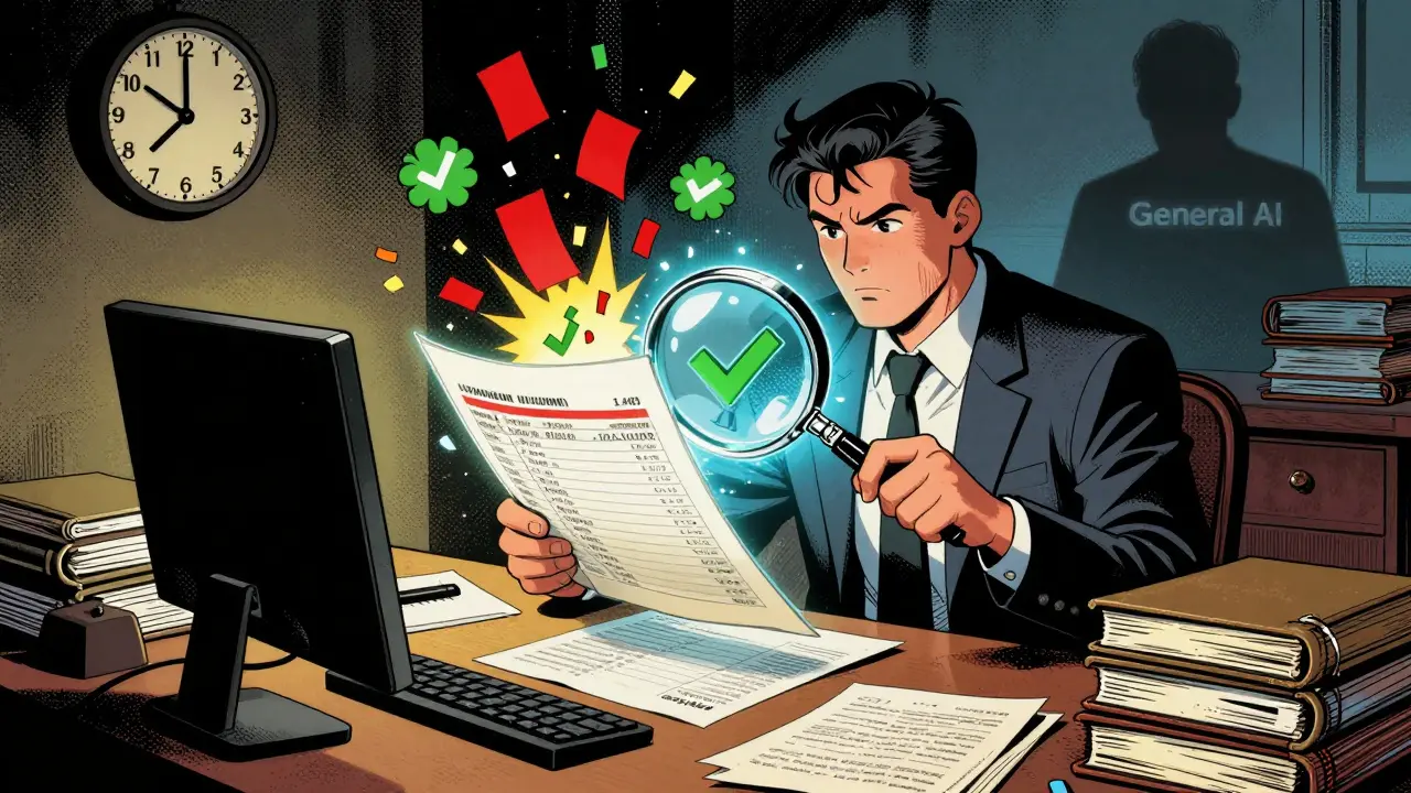 Finance analyst using a glowing AI tool to spot fraud in ledgers, with red flags exploding and green checks blooming.