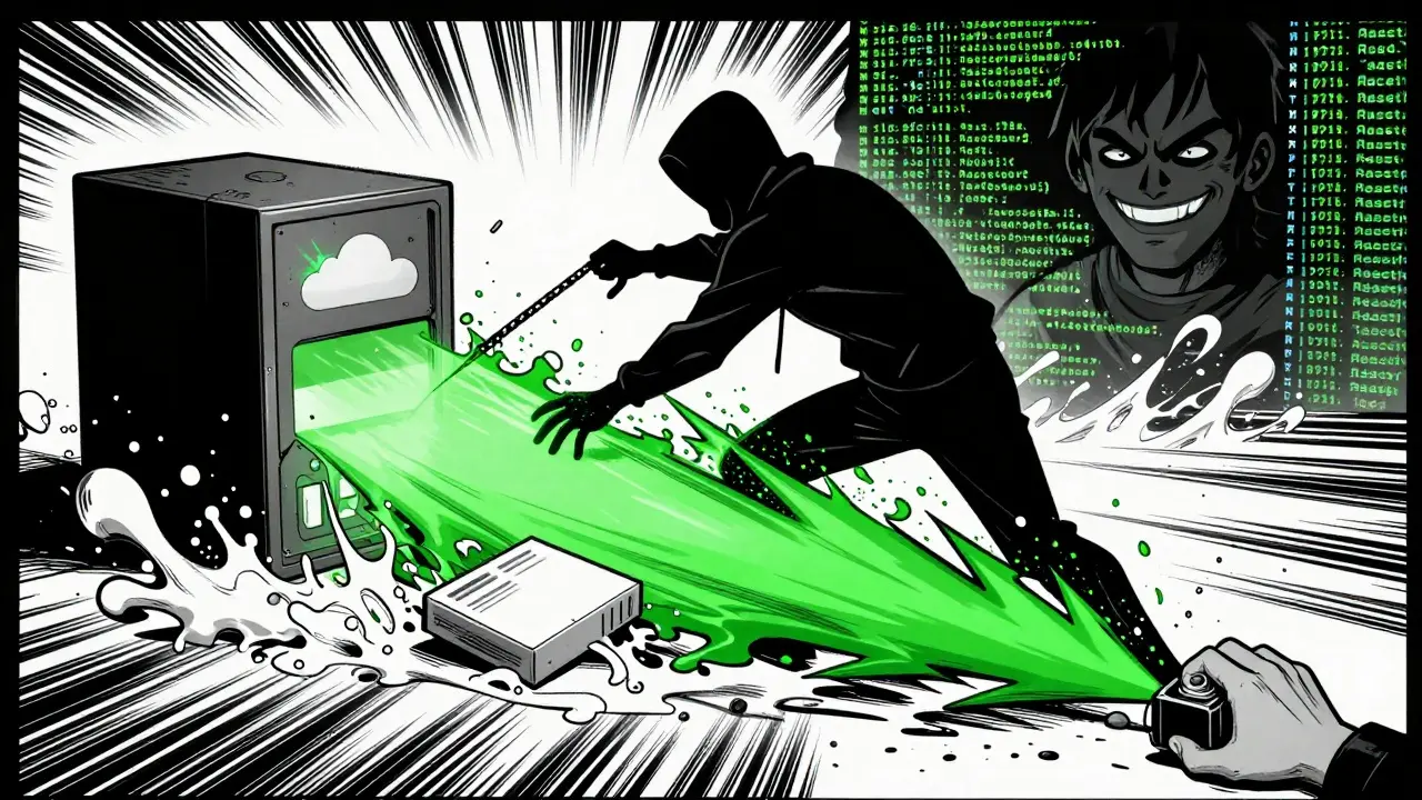 Hacker exploiting one secret that triggers a cascade of data breaches in vintage comic style.