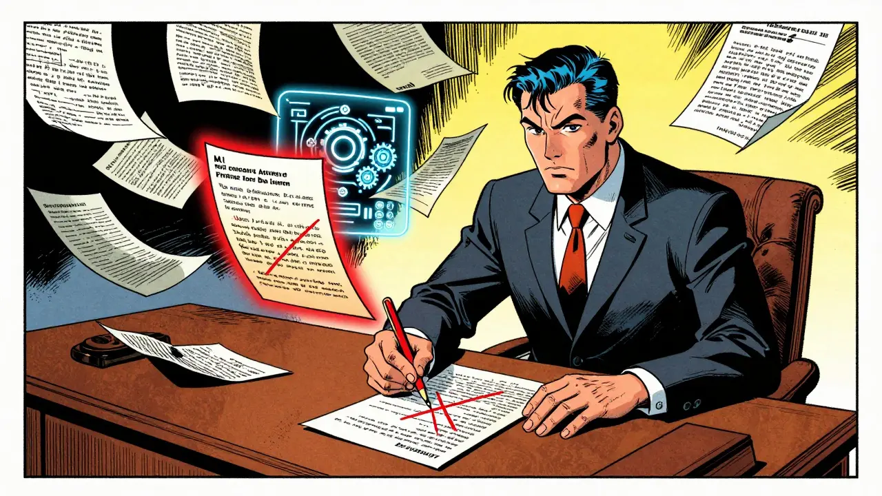 Lawyer correcting an AI-generated contract with warning symbols floating nearby.