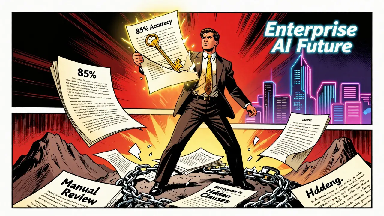 Lawyer standing atop shattered legal documents, holding a glowing contract that reveals a golden key of high accuracy.