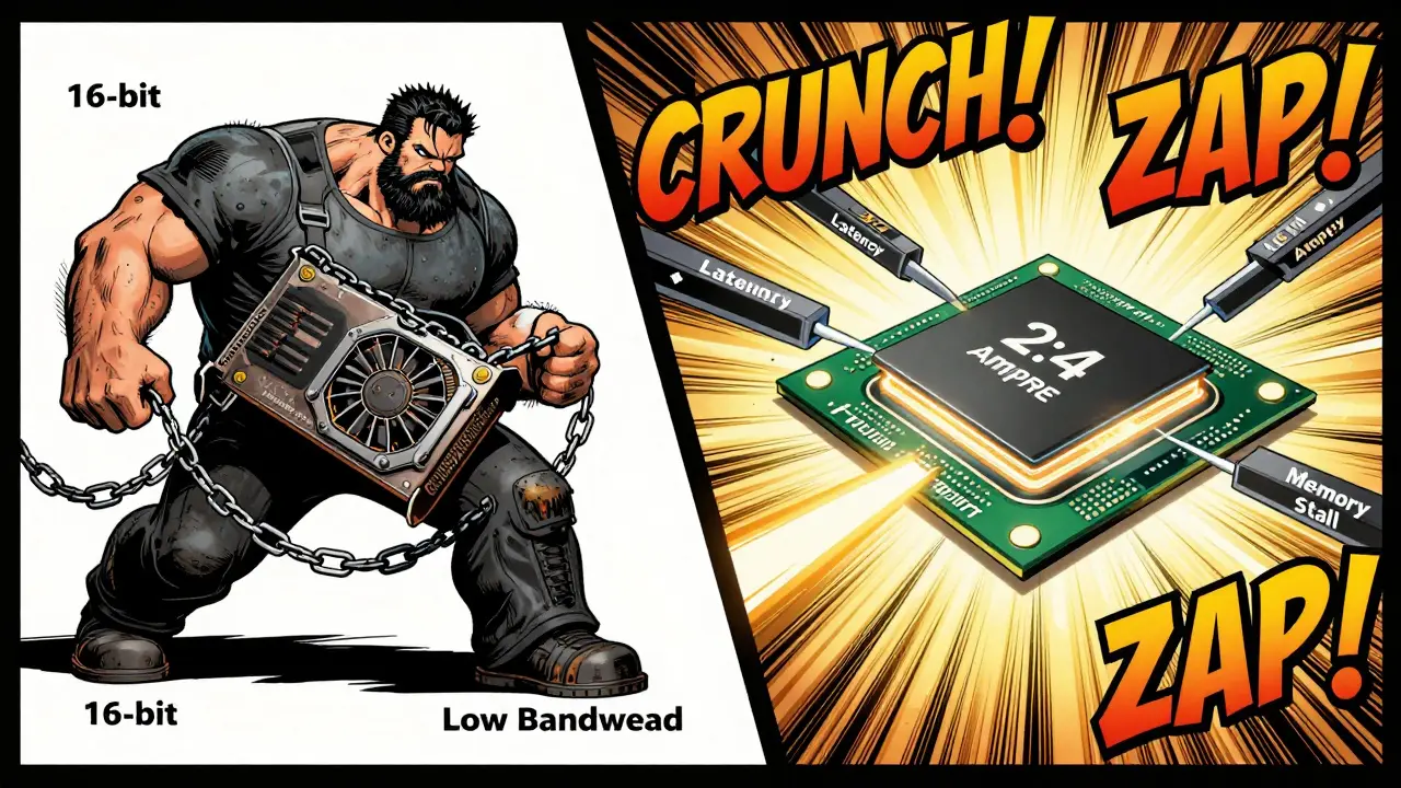 Old GPU chained down vs new GPU slicing through latency barriers with sparse cores.