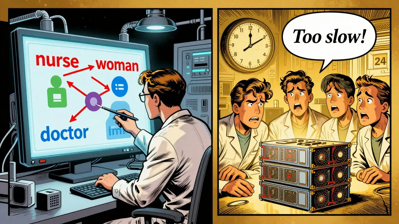 Scientists analyze word embeddings and struggle with slow AI testing equipment in a split-panel lab scene.