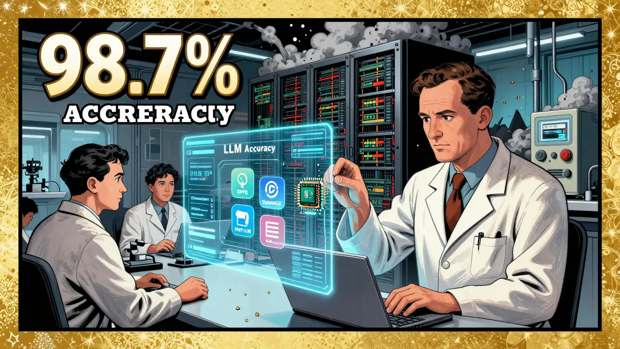 Scientists monitor hologram of compressed LLMs as data center crumbles in background.