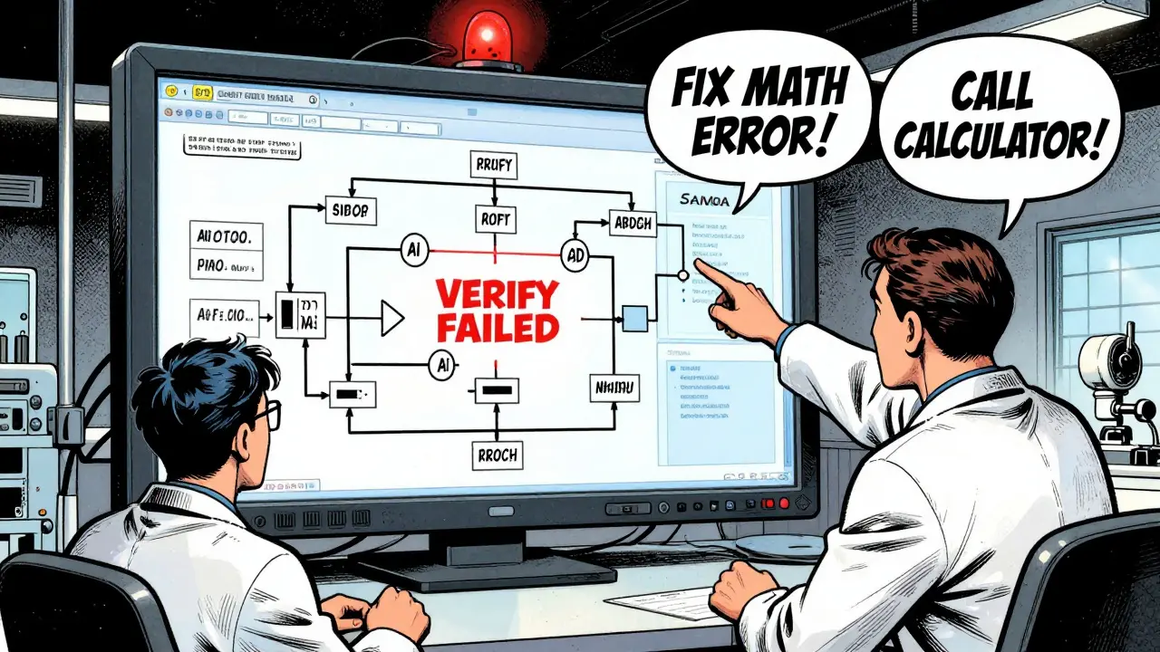 Scientists watching a monitor with a failing AI reasoning flow, alarms flashing as corrective paths emerge.