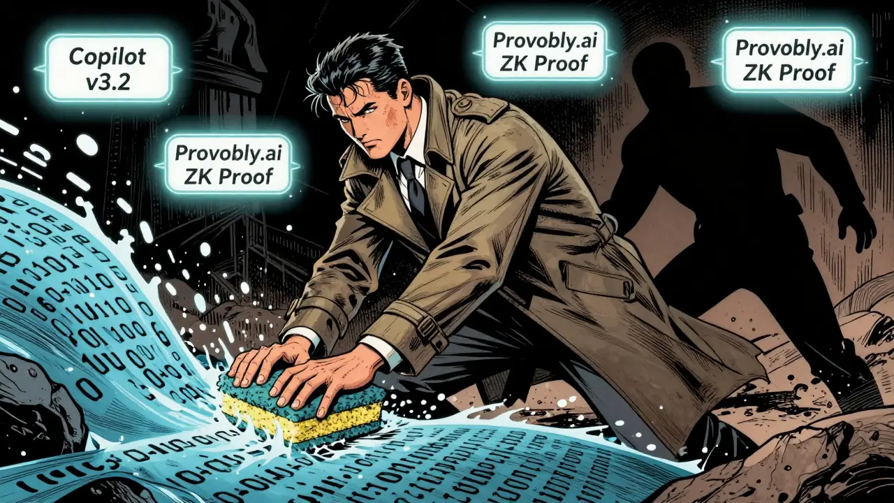 Secret agent embeds invisible watermark into binary code while shadowy figure tries to erase it.