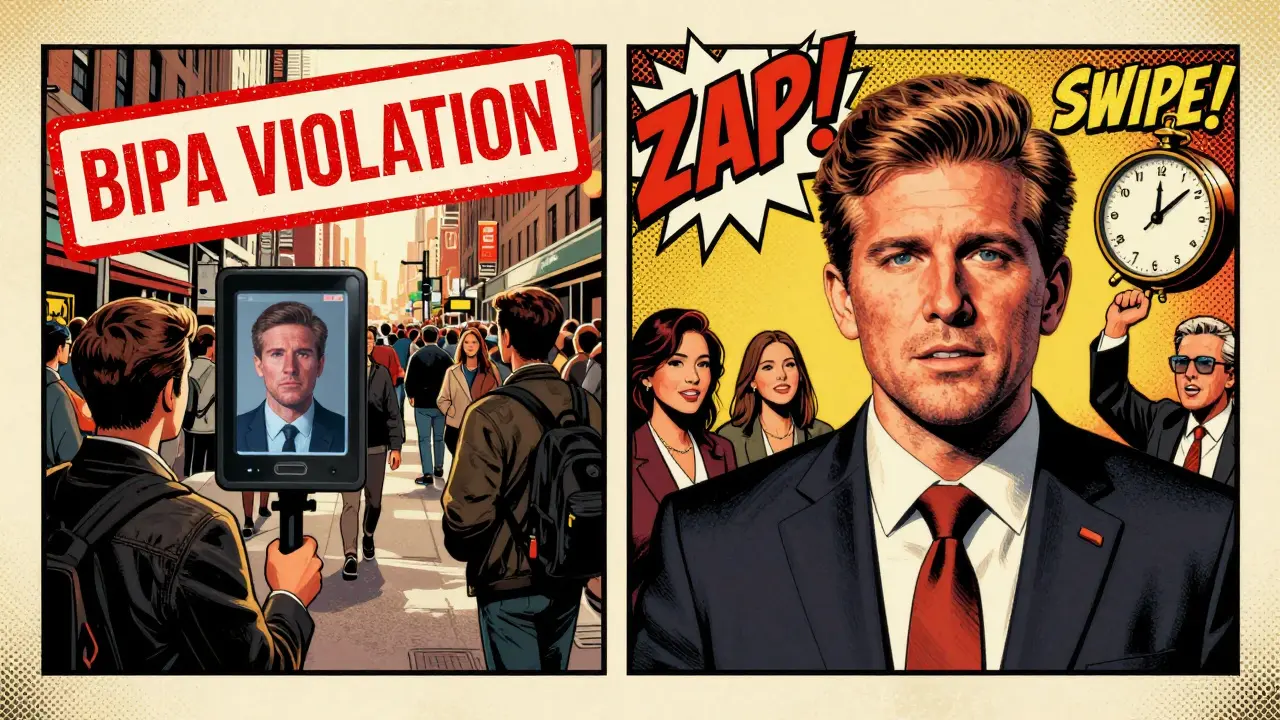 Split scene: facial recognition violation in Chicago and political deepfake during election campaign.