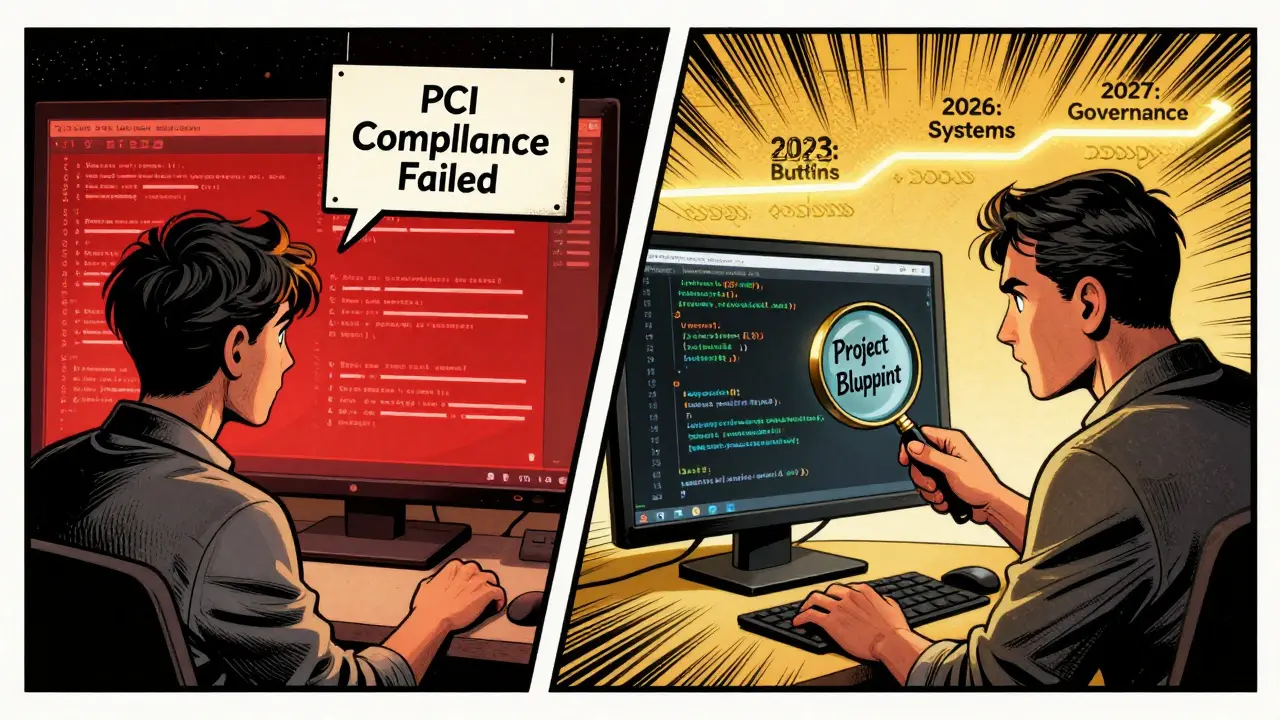Split scene: frustrated user facing errors vs. developer reviewing code with a timeline showing vibe coding evolution.