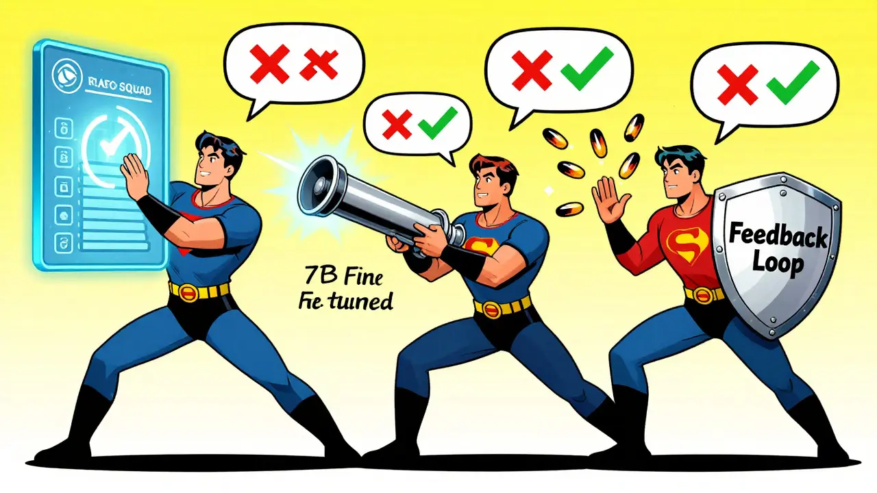 Superhero team 'RAG Squad' pulling facts from a database and firing accurate answers at hallucination threats.