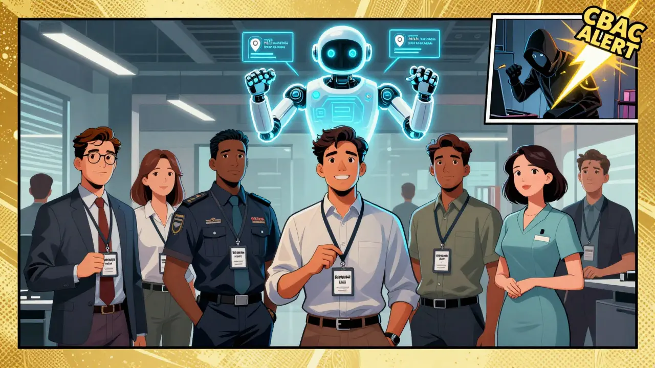 Team members with role badges watched by an AI gatekeeper analyzing queries with real-time context indicators.
