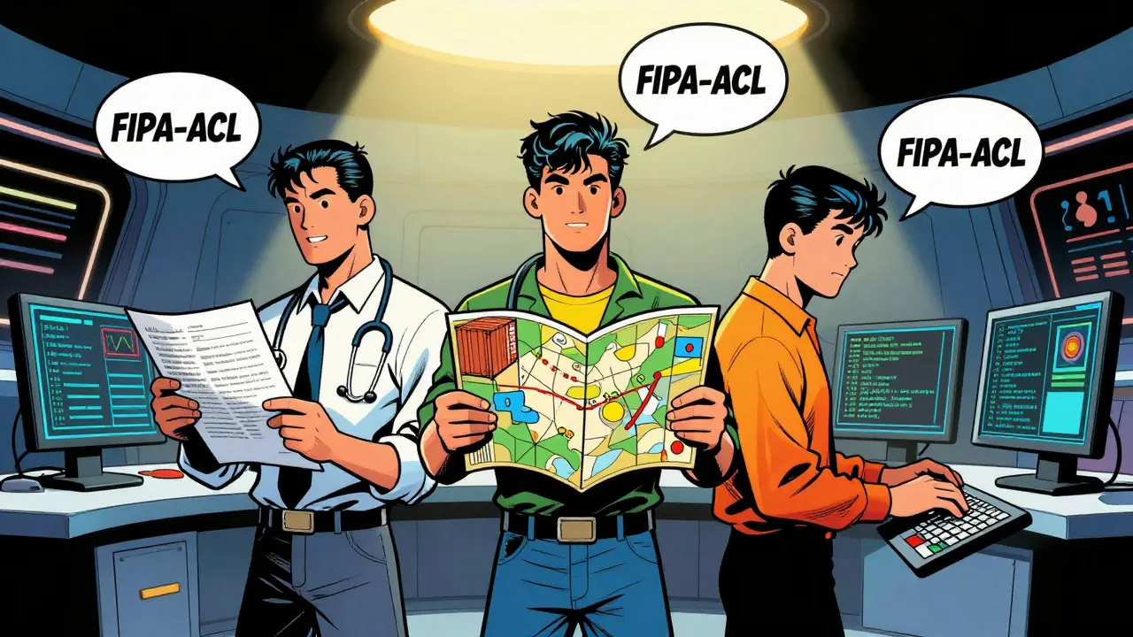 Three AI agents collaborating in a control room, each using medical, logistics, and coding tools with protocol icons in speech bubbles.