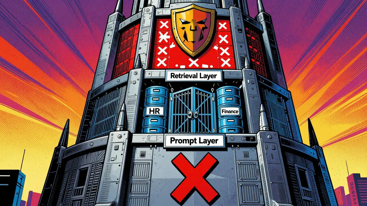 Three-layered AI security system as a fortress blocking prompts, data access, and outputs with redacted information.