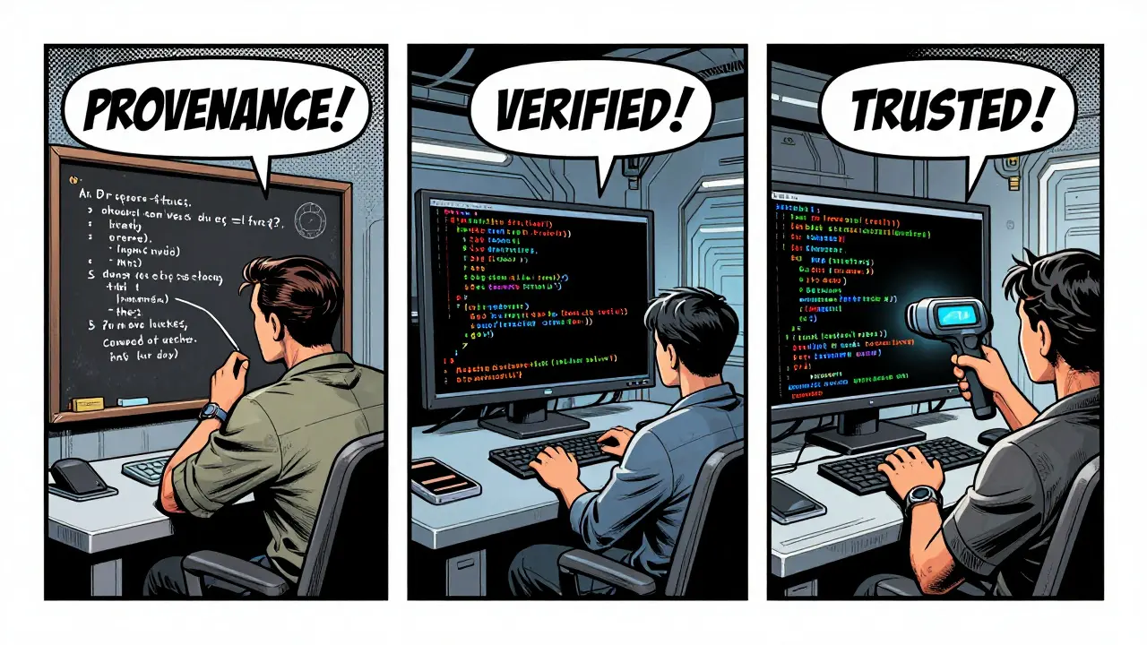 Three-panel comic showing formal verification, AI review, and watermark scanning in golden age style.