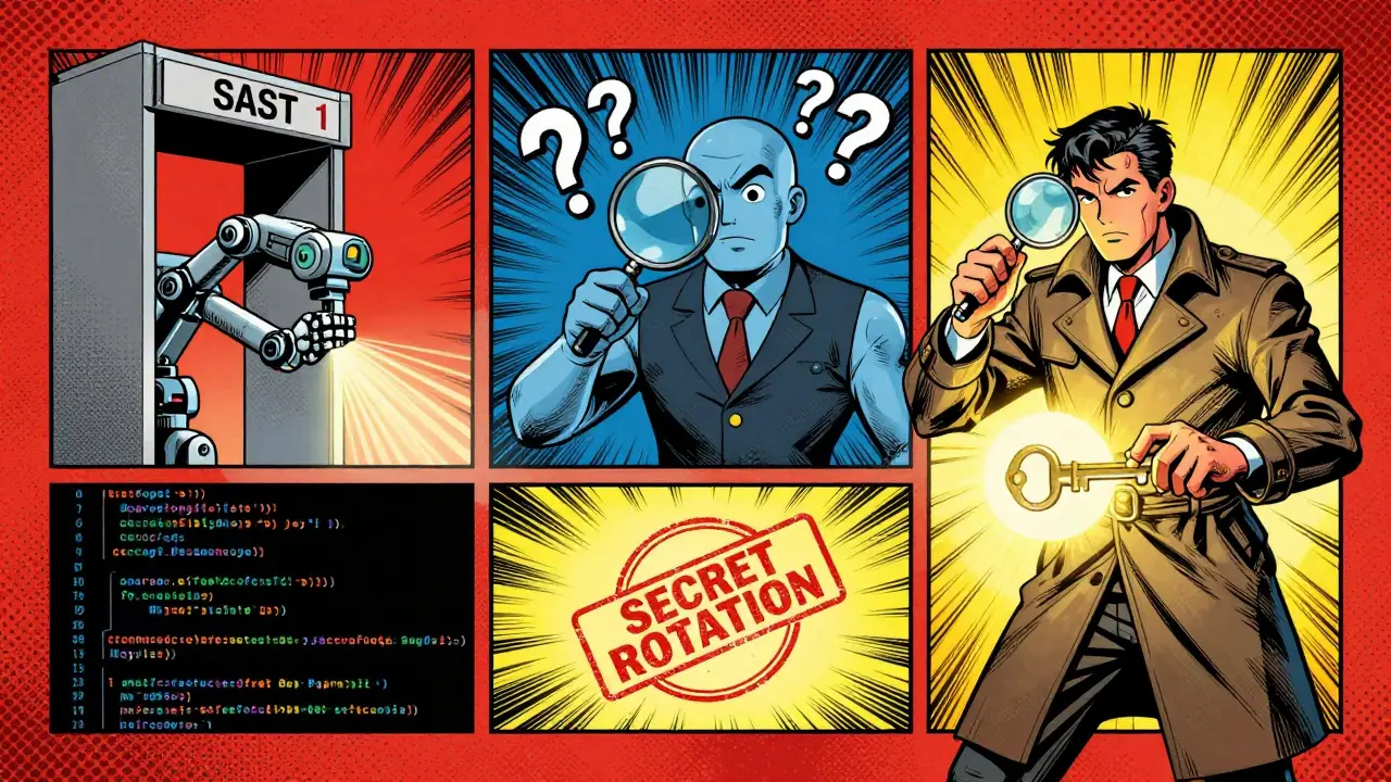 Three-tiered security triage system depicted as a heroic triathlon with human developer as the hero.