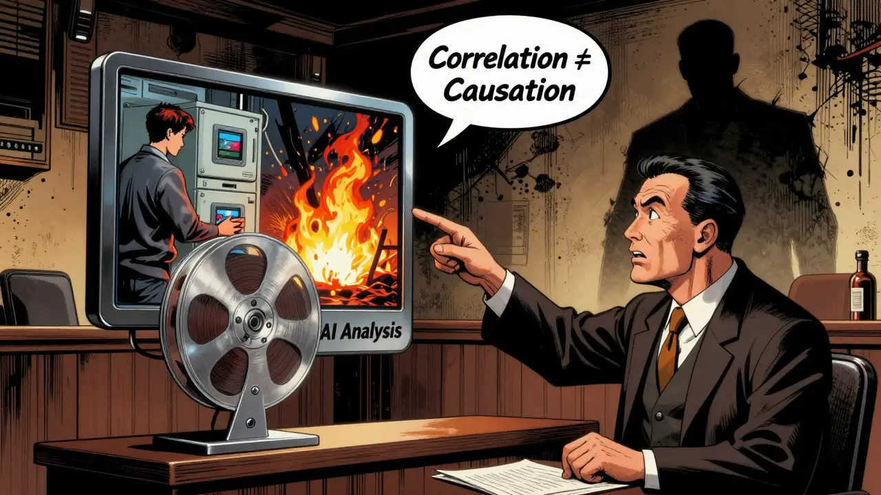 A courtroom scene where an AI-generated video frame is challenged in court, with a warning about correlation vs causation.