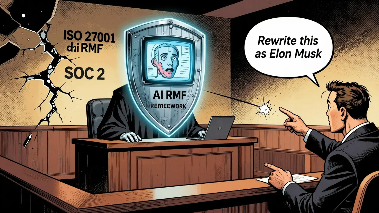 A generative AI on trial, with NIST’s framework as a protective shield while ISO and SOC 2 crumble, under dramatic courtroom lighting in comic style.