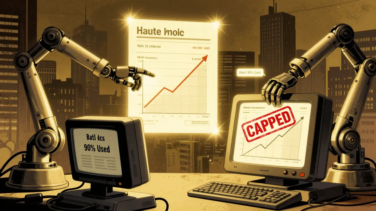 A mechanical AI system stamps a 'CAPPED' seal on a runaway usage graph with glowing token metrics.