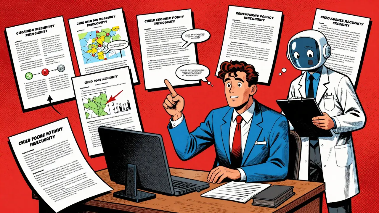 A policy analyst reviews AI-generated options for reducing child food insecurity, in comic book style.