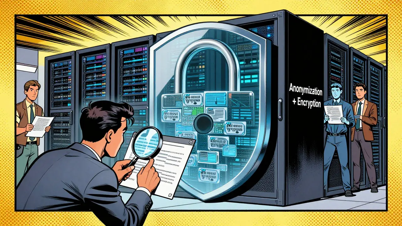 A secure server shielded by encryption and anonymized synthetic data, with a technician inspecting metadata-free files.
