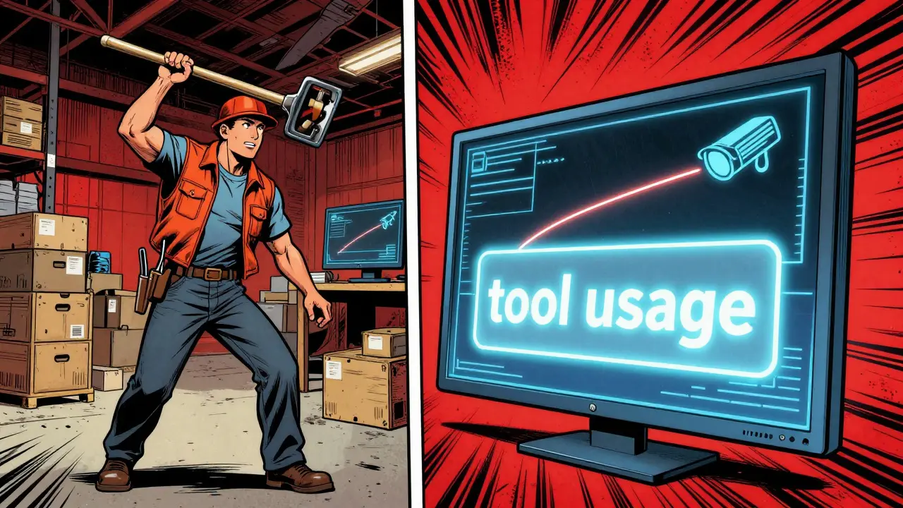 A worker drops a tool while AI overlays a glowing label identifying the action, with motion tracking lines in the background.