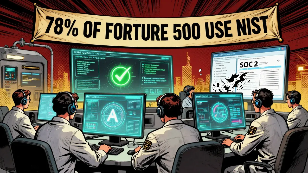AI security specialists monitor holograms of NIST controls as a banner shows adoption rates, with data flows in classic golden age comic screentone.