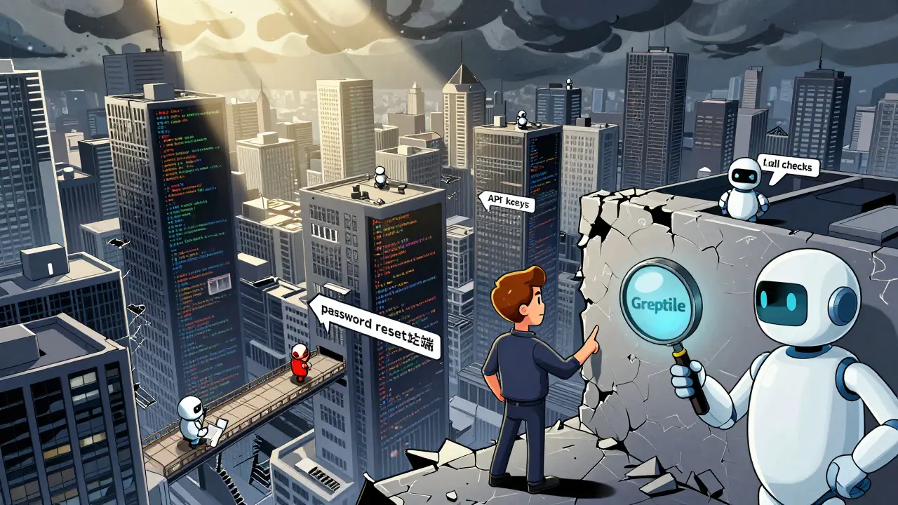 AI superheroes scanning a city-shaped codebase for security flaws while a human developer points out a critical bug.