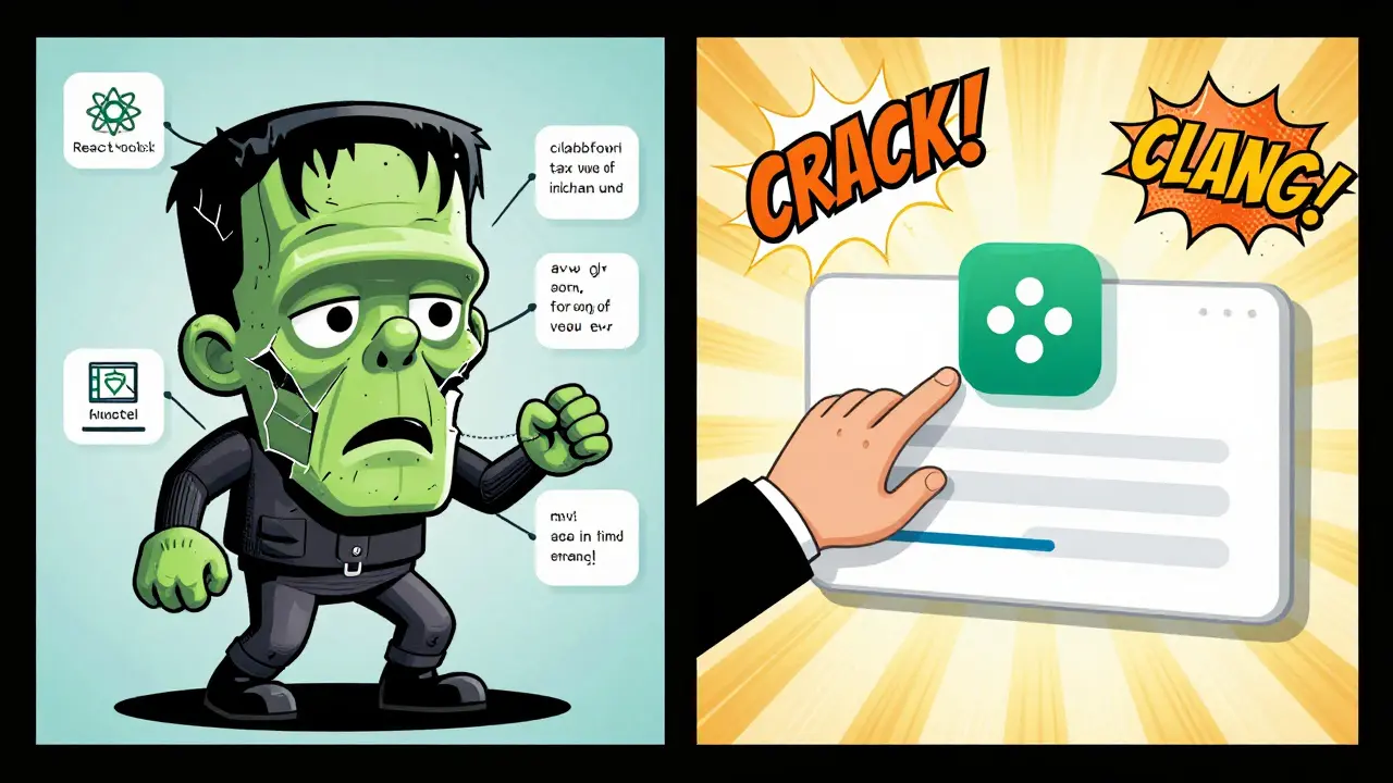 Before-and-after panel: tangled code vs clean architecture with Svelte tapping an interface while core logic stays untouched.
