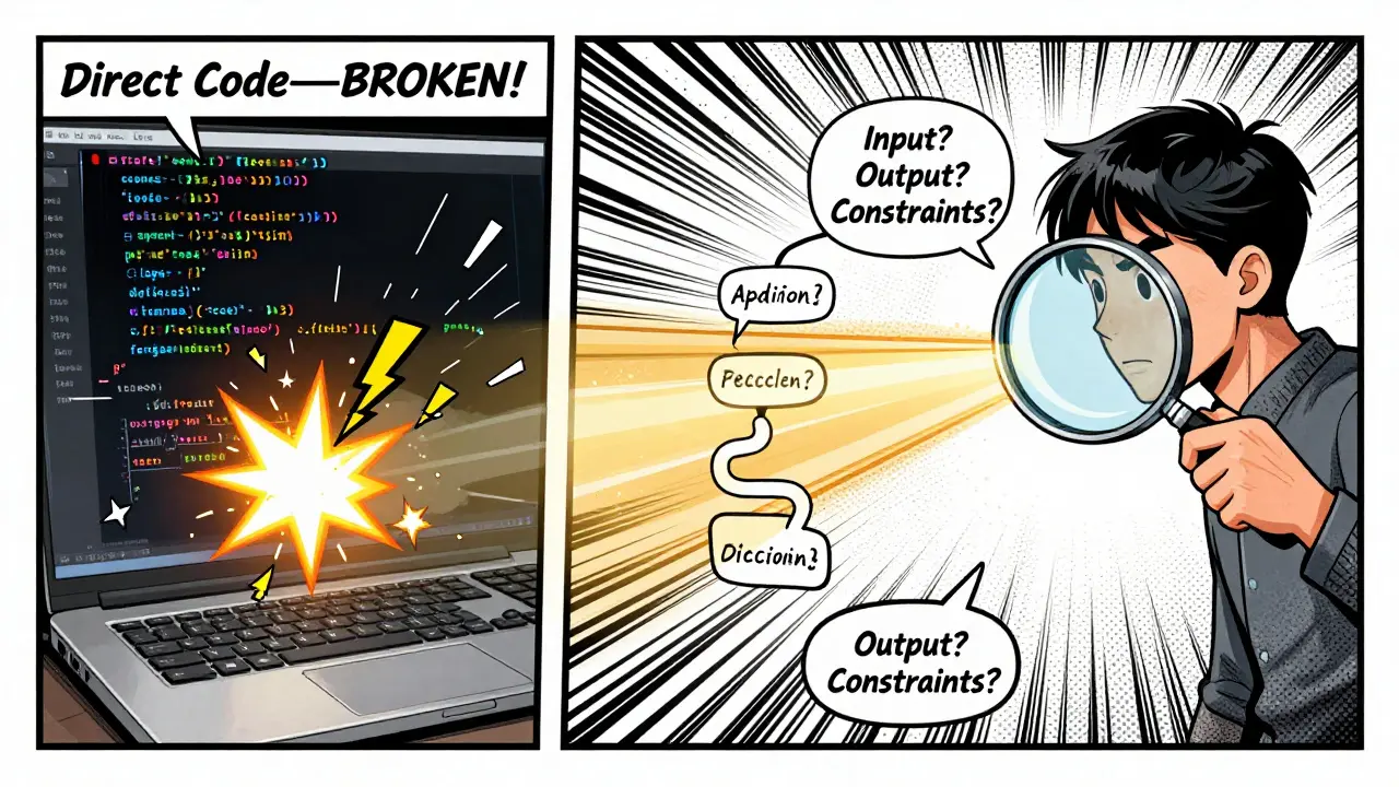 Contrasting panels: chaotic code generation on left, structured reasoning leading to clean code on right, in vintage comic style.