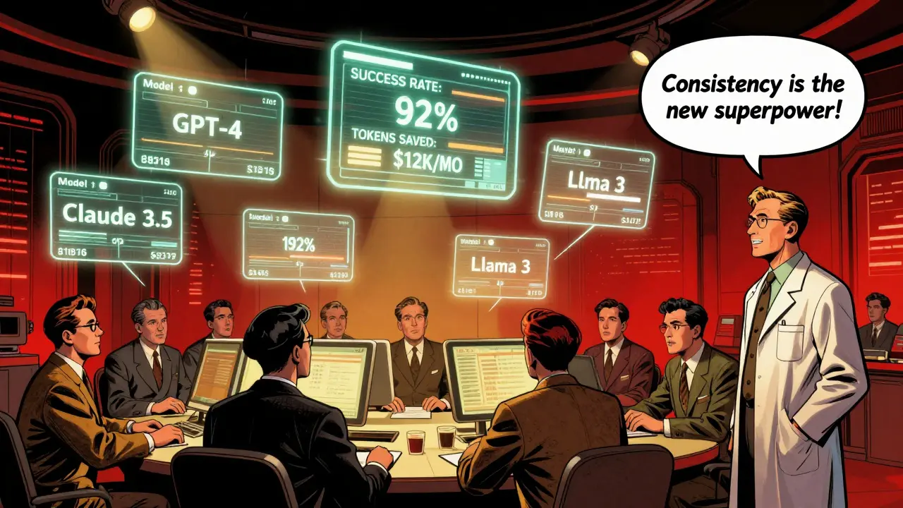 Control room with holographic prompts and metrics showing cost savings and high success rates.