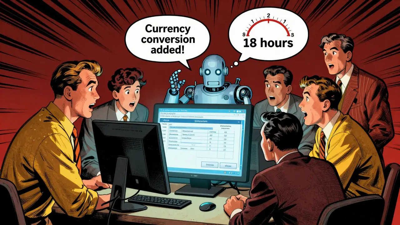 Finance team watches an AI build an invoice tool in 18 hours, with a clock showing dramatic time reduction.