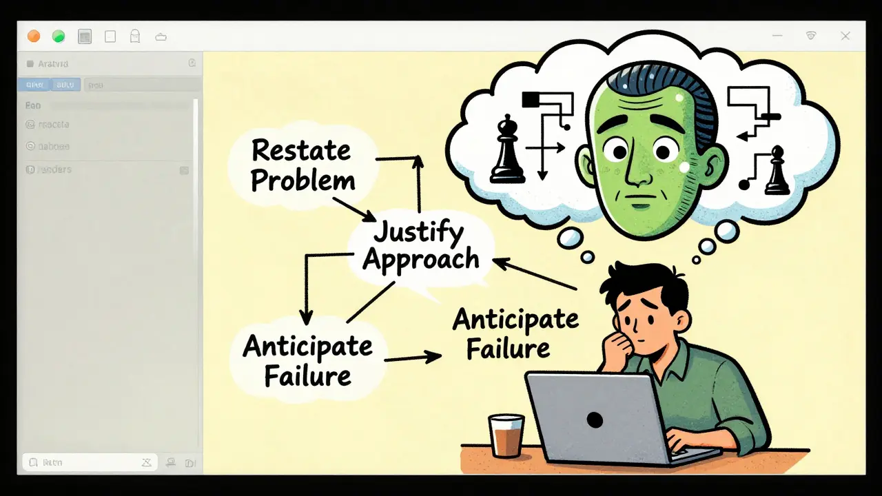 Futuristic IDE with floating logic steps and a wise AI face, guiding a developer through problem-solving in Golden Age comic style.