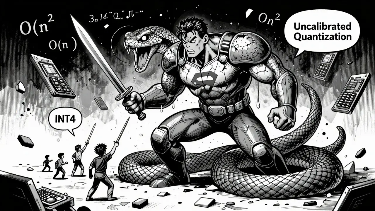GPU superhero overwhelmed by a massive token serpent, with failed quantization attempts attacking it.